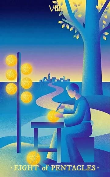 Eight of Pentacles tarot card — blurred background for WooMoo app download