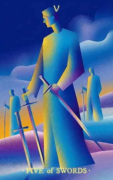 Five of Swords tarot card — blurred background for WooMoo app download