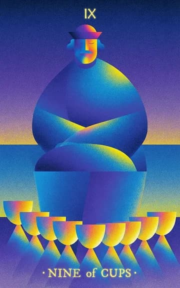 Nine of Cups tarot card — blurred background for WooMoo app download