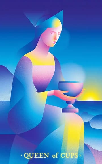 Queen of Cups tarot card — blurred background for WooMoo app download