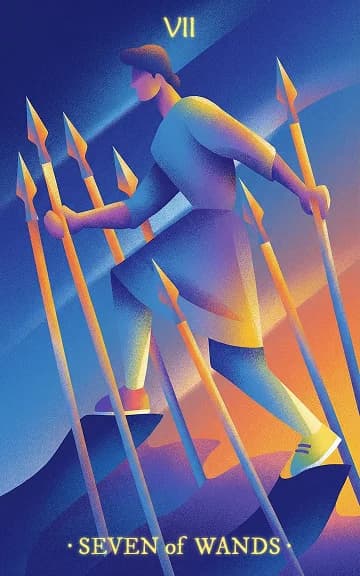 Seven of Wands tarot card — blurred background for WooMoo app download