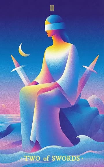 Two of Swords tarot card — blurred background for WooMoo app download